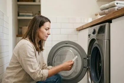 Femme lisant la capacité d'un lave-linge à hublot dans une buanderie moderne