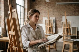 Jeune femme étudiant un portfolio dans un atelier d'école des beaux-arts, entourée de pinceaux et de toiles