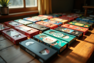 Collection colorée de VHS et DVD vintage avec personnages de cartoons C