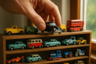 Main de collectionneur posant une voiture miniature vintage