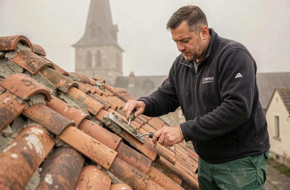 Couvreur de Compao Couvreur Eu posant des faîtières en argile sur un toit dans la ville d'Eu en Seine-Maritime