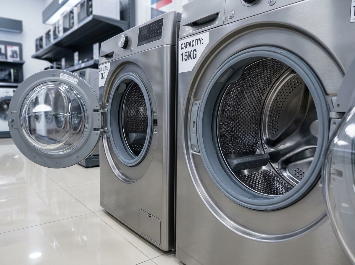 Comparaison de deux tambours de lave-linge de capacités différentes dans un showroom électroménager