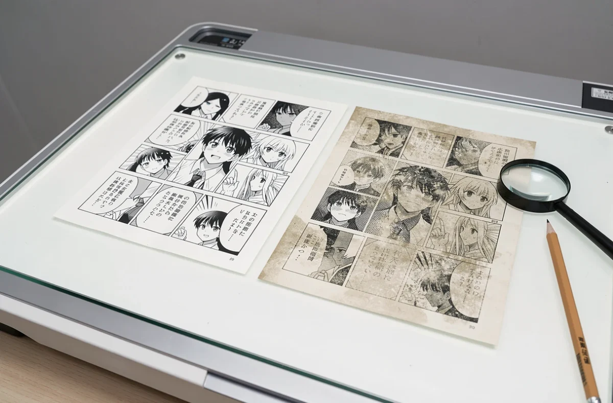 Comparaison de deux pages manga scannées côte à côte, l'une nette et l'autre floue avec des artefacts visibles