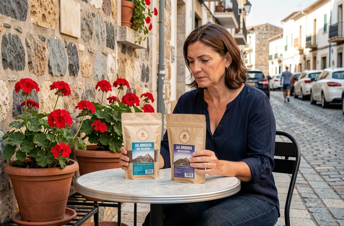 Femme comparant deux seaux de tabac 1kg à la frontière espagnole dans un café de La Jonquera