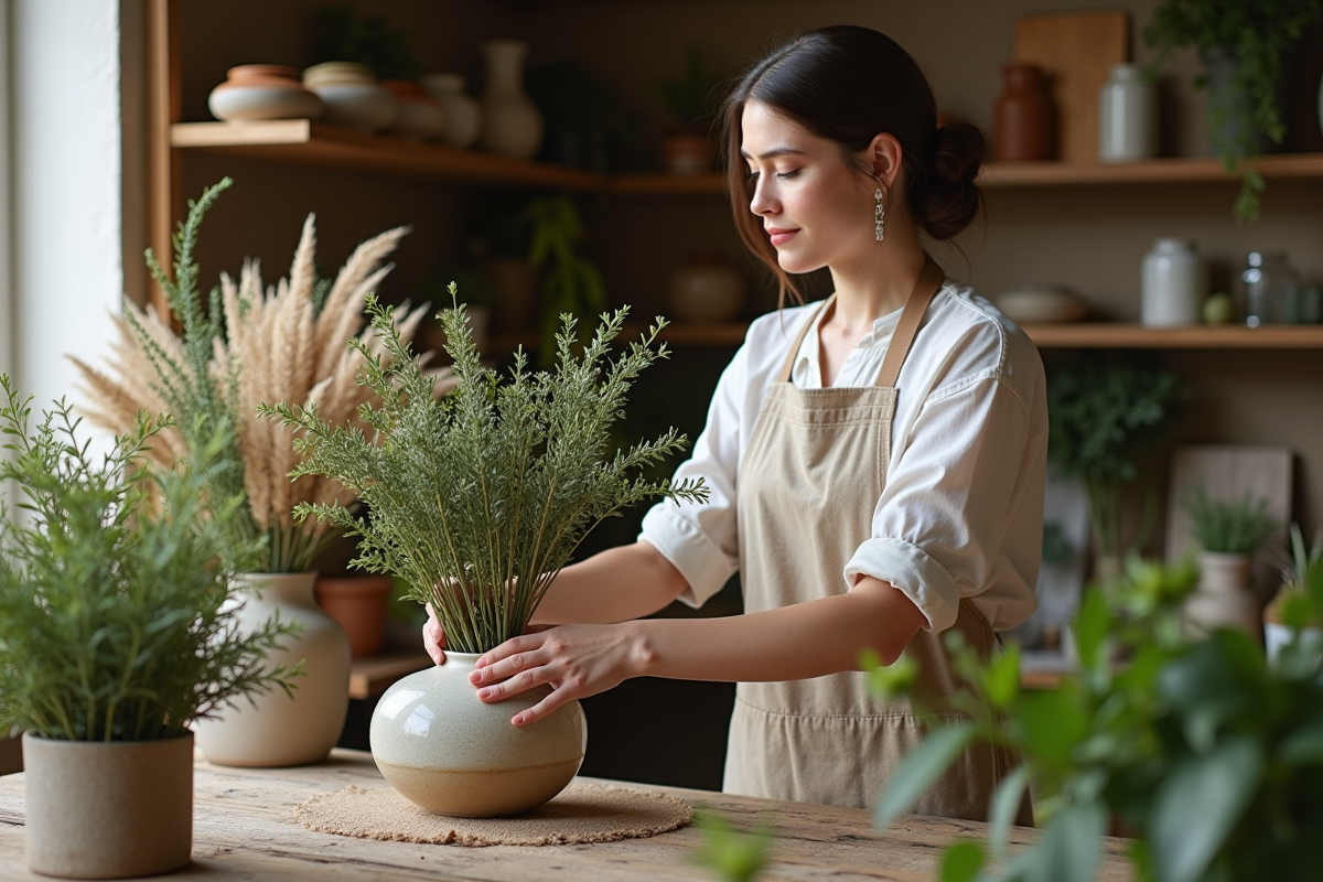 Femme arrangeant une composition florale dans un atelier lumineux