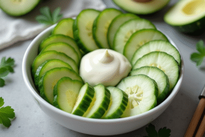 Concombres tranchés variés dans un bol blanc avec sauce crémeuse