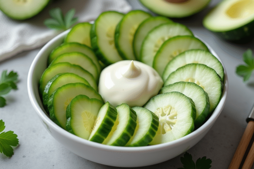 Concombres tranchés variés dans un bol blanc avec sauce crémeuse