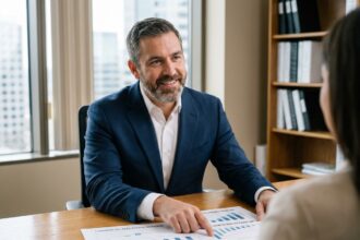 Conseiller en investissement locatif présentant des graphiques financiers à son client dans un bureau moderne