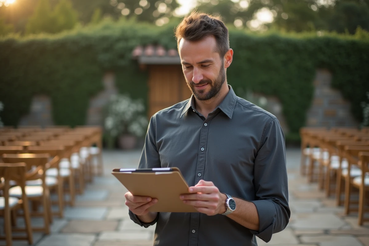 Coordinateur d'événements en extérieur vérifiant un calculateur de dates sur smartphone lors d'une inspection de lieu de réception