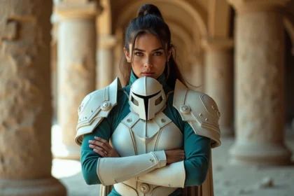 Cosplayeuse en armure blanche incarnant un personnage de guerrière stratège inspiré de l'arc Hueco Mundo de Bleach