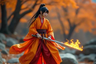 Cosplayer en costume de Rengoku pilier de la flamme avec haori à motifs de feu devant un paysage automnal
