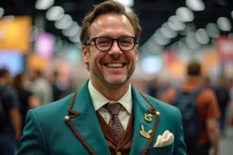 Cosplayer adulte déguisé en personnage masculin secondaire Disney lors d'une convention de fans
