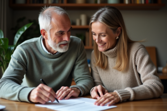 Couple d'âge moyen discutant de finances à la maison