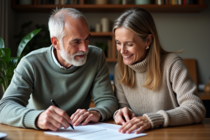 Couple d'âge moyen discutant de finances à la maison