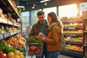 Jeune couple faisant les courses dans un supermarche lumineux