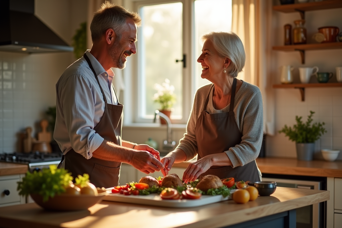 Couple de quarantenaires préparant un dîner convivial dans une cuisine lumineuse