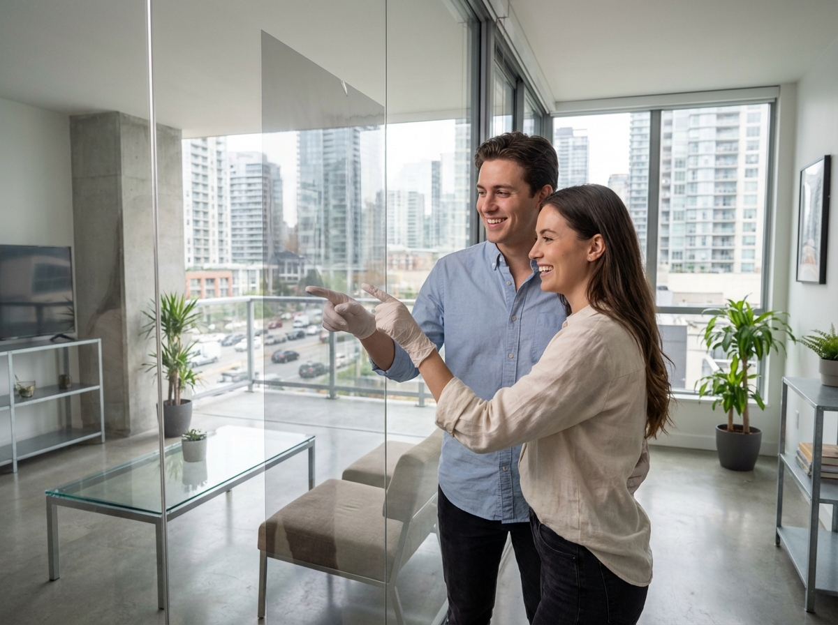 Couple satisfait devant leur film solaire