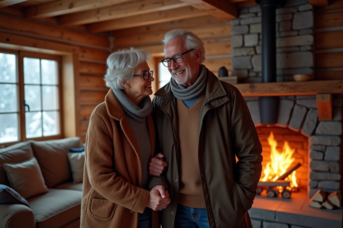 Couple âgé près de la cheminée en hiver