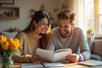 Jeune couple souriant lisant un livre de noms de bébé dans un salon lumineux