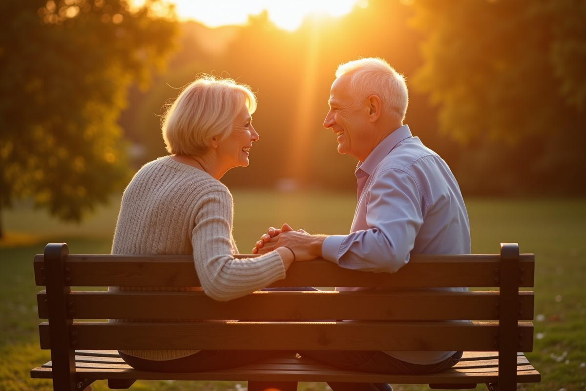 Couple mature assis sur un banc au parc au coucher du soleil
