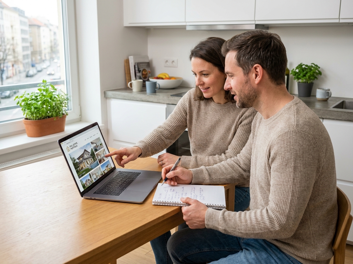 Couple étudiant leur projet d'investissement locatif sur un ordinateur portable à la maison