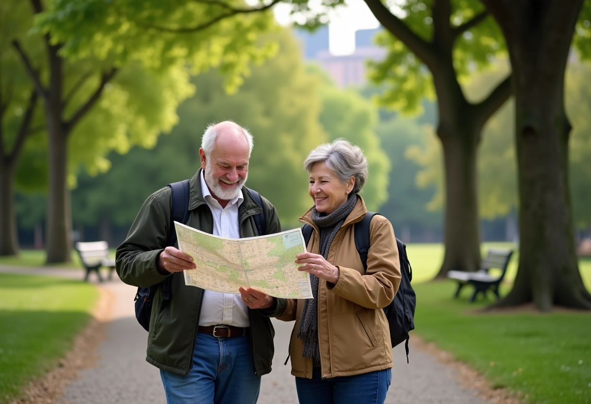 Couple âgé lisant une carte dans un parc verdoyant