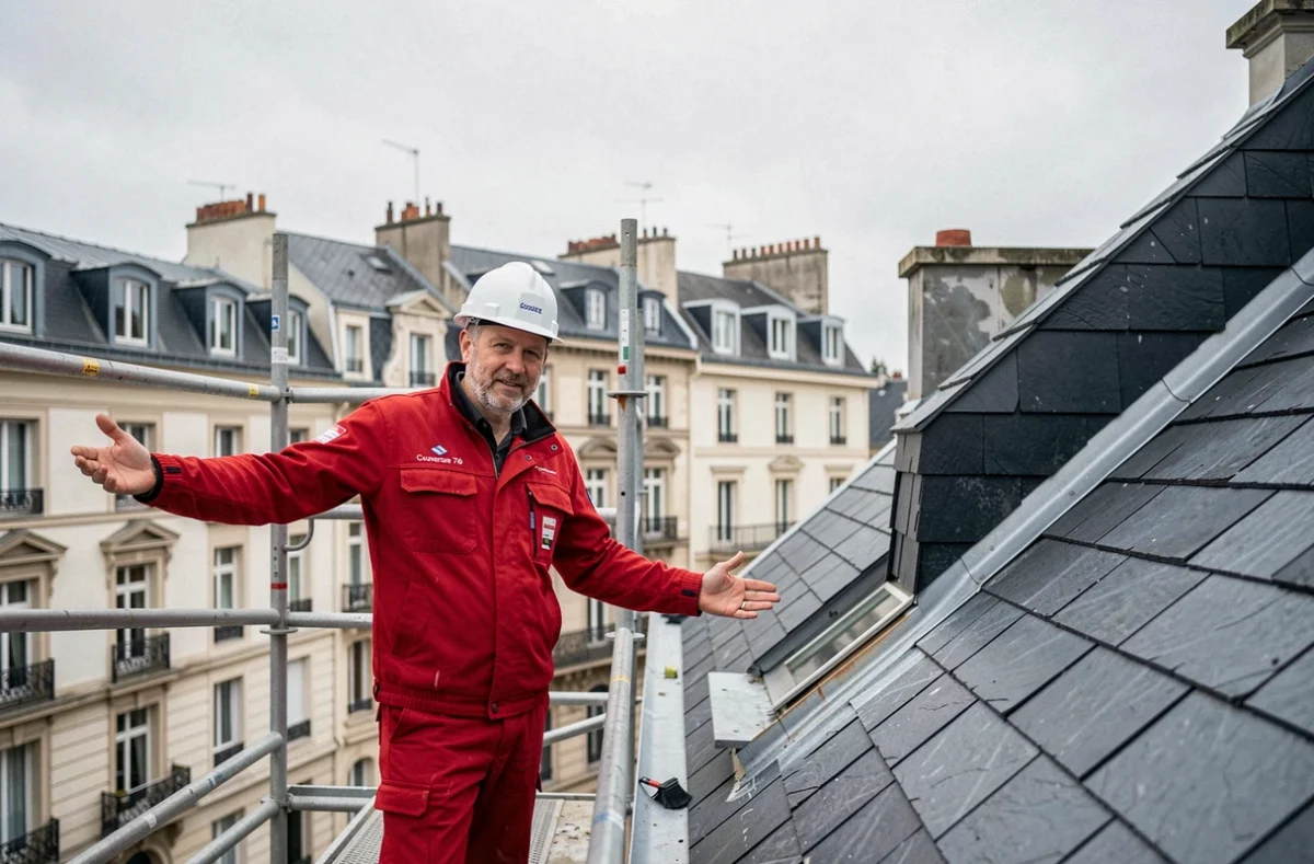 Spécialiste de Couverture 76 sur un échafaudage devant une toiture ardoise et zinc rénovée dans le quartier de Rouen