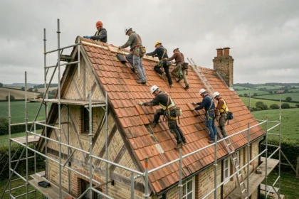 Couvreurs professionnels travaillant sur une toiture en tuiles en Seine-Maritime, vue grand angle sur un chantier de couverture normand
