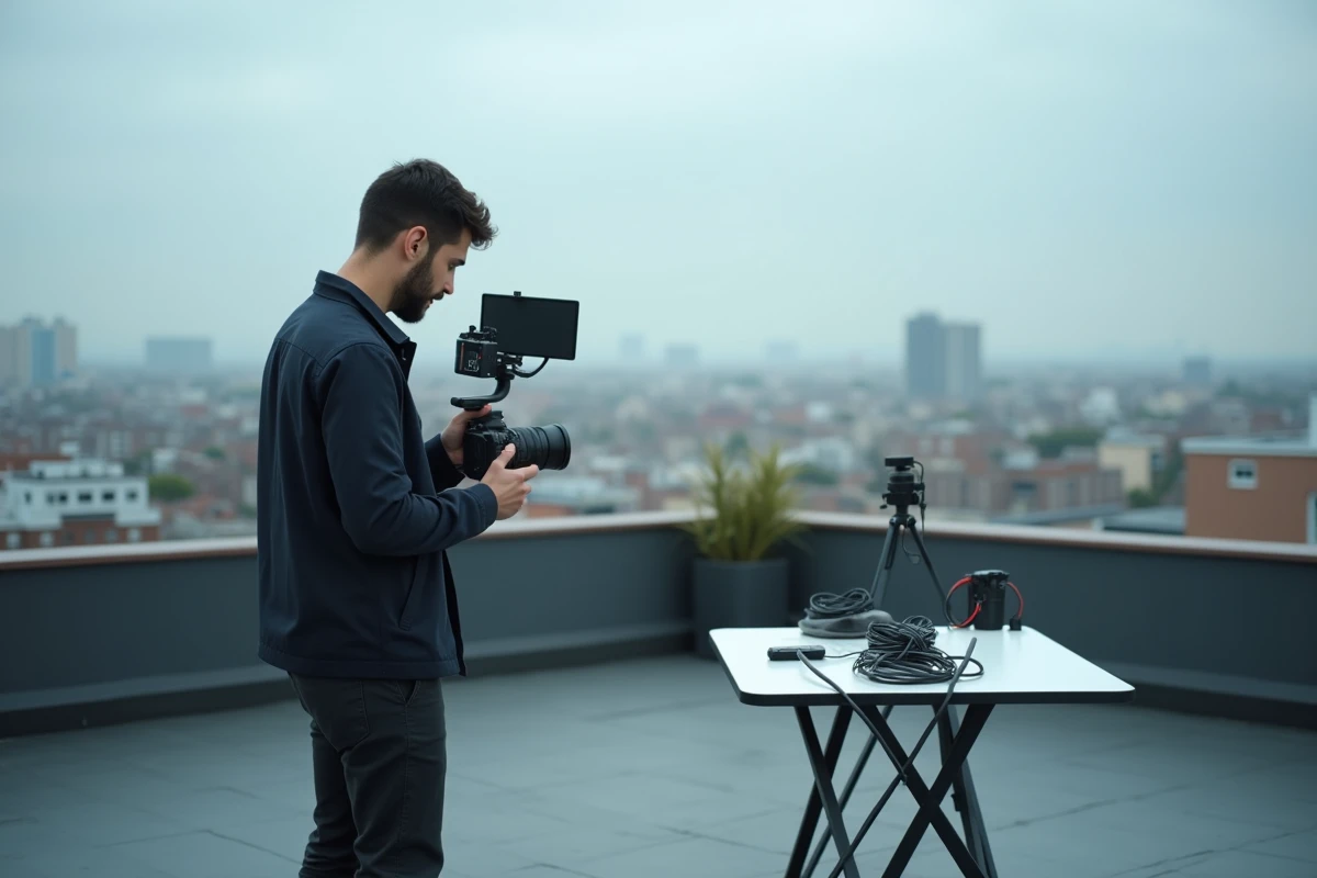 Créateur de contenu solo filmant une vidéo en extérieur sur une terrasse urbaine avec équipement professionnel
