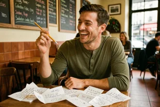 Homme souriant dans un café parisien entouré de feuilles couvertes de jeux de mots écrits à la main