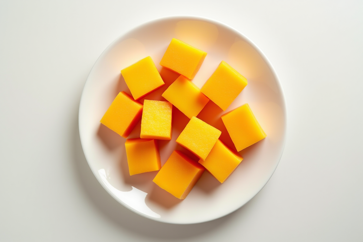 Cubes de nectarine sur assiette blanche lumineuse