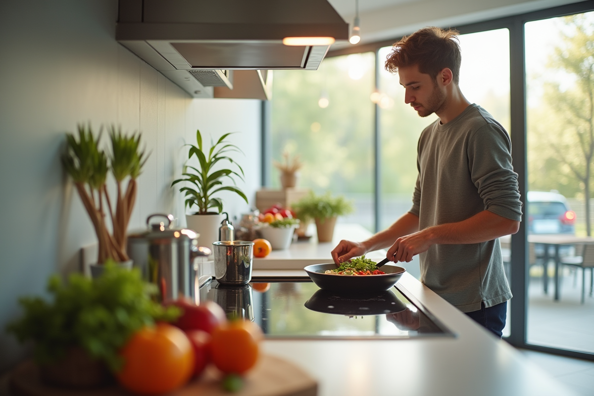 Cuisine contemporaine avec plaque induction et jeune femme cuisinant