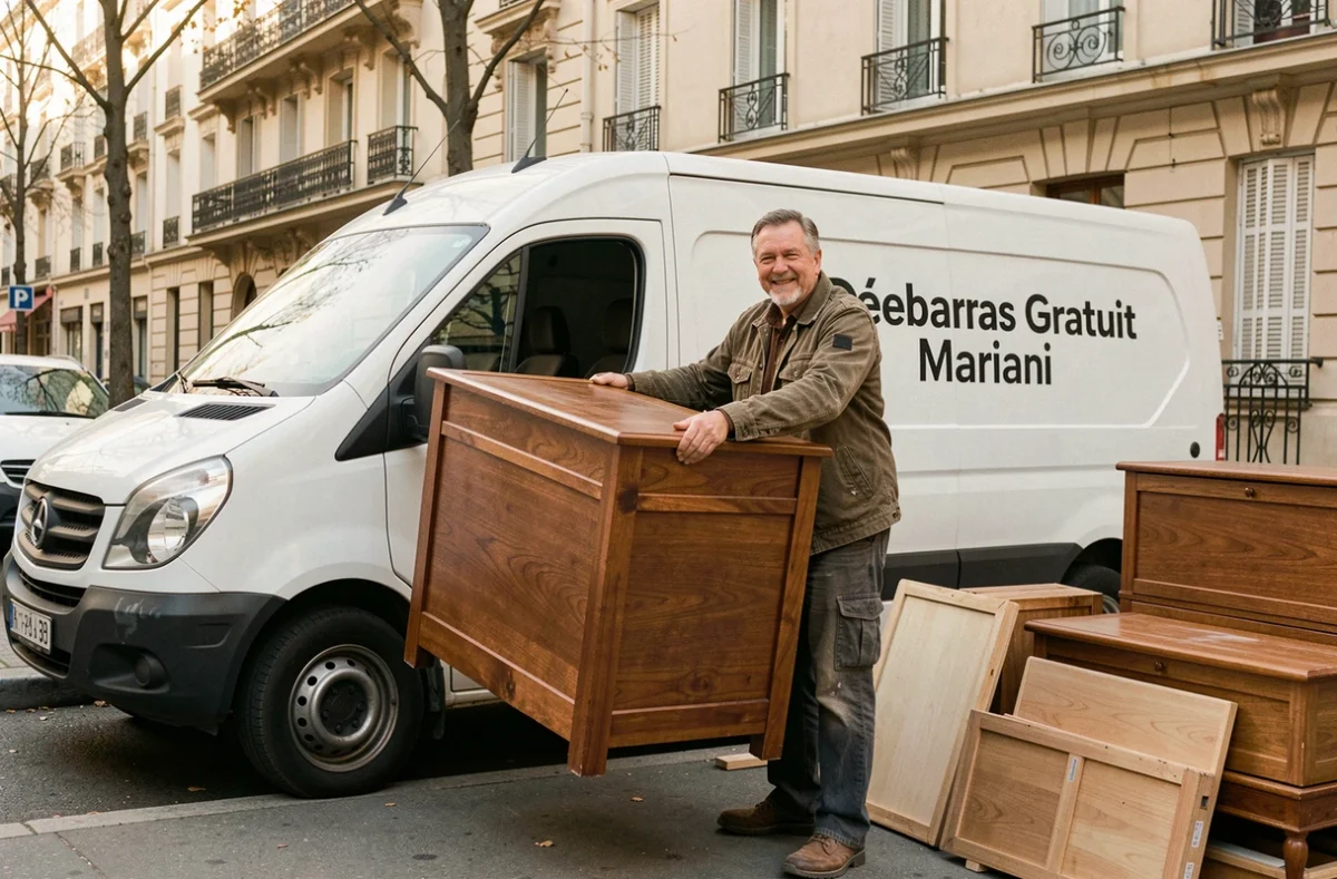 Professionnel de Débarras Gratuit Mariani chargeant un meuble récupérable dans un van devant un immeuble parisien