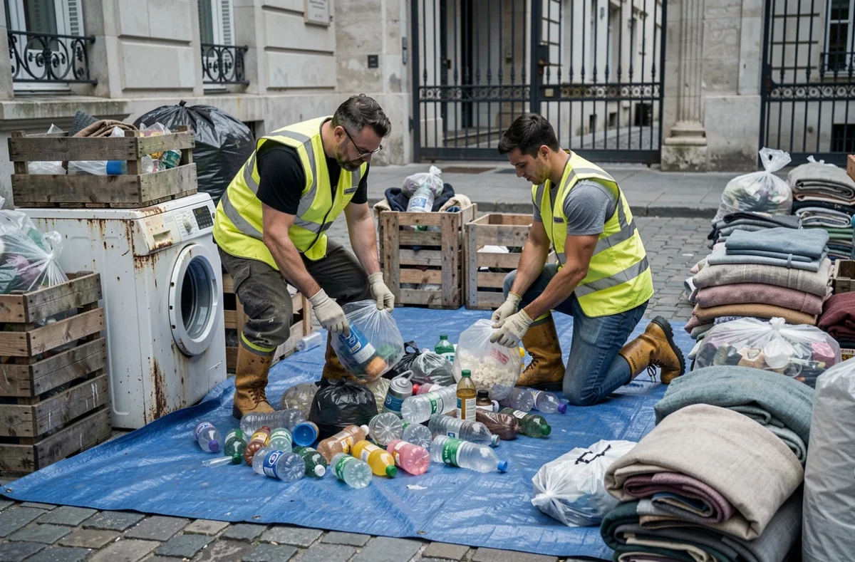 Deux professionnels de Debarraz triant des objets encombrants dans une cour intérieure parisienne