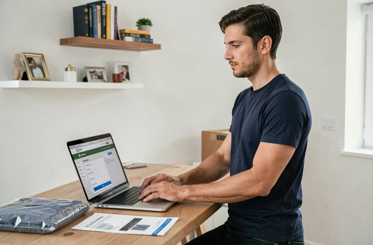 Homme effectuant une demande de remboursement en ligne sur un ordinateur portable pour un achat Hacoo SaraMart