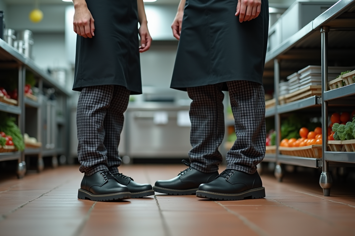 Jeune femme montrant ses chaussures antidérapantes à un collègue