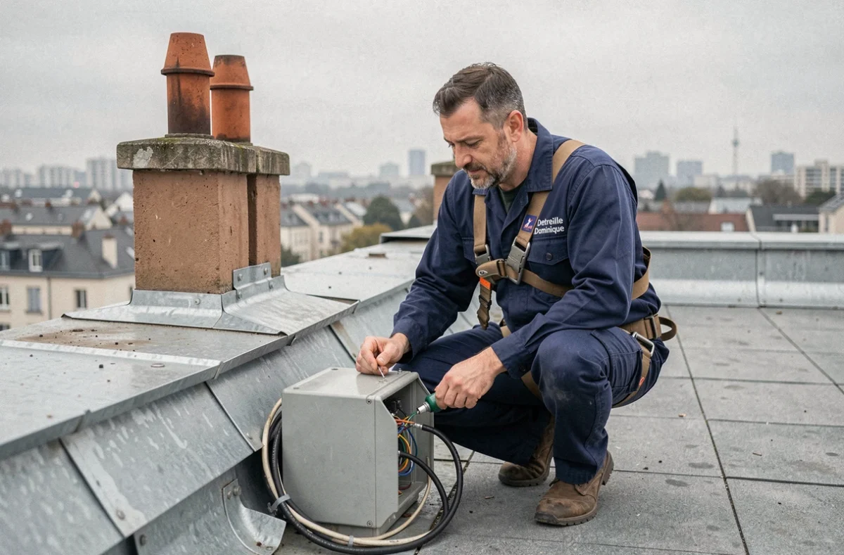 Électricien Detreille Dominique raccordant un boîtier étanche en toiture d'immeuble en Seine-Saint-Denis