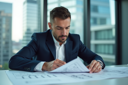 Homme d'affaires immobilier examine plans architecturaux