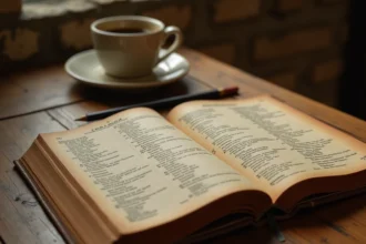Dictionnaire italien vintage ouvert sur une table en bois avec mots croisés et annotations manuscrites, tasse d'espresso et crayon posés à côté