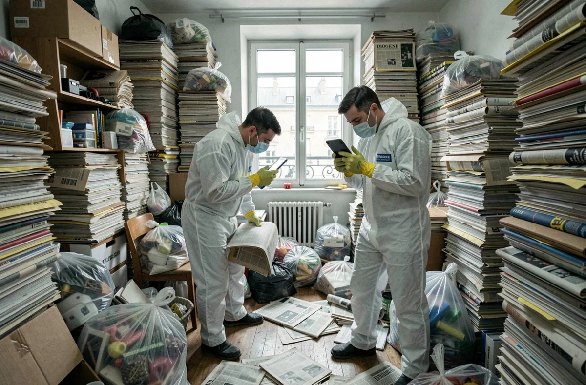 Équipe Diogène France en combinaisons de protection intervenant dans un appartement parisien en situation de syndrome de Diogène