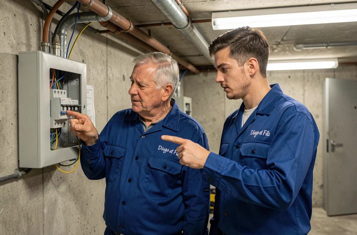 Père et fils de l'entreprise Diogo et Fils installant un tableau électrique dans une cave résidentielle