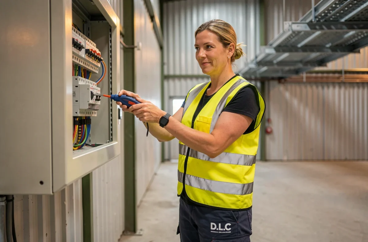 Électricienne D.L.C testant un tableau de distribution électrique dans un entrepôt industriel