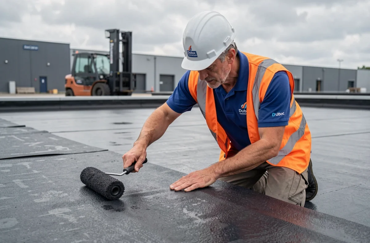 Couvreur de Duboc Couverture appliquant une membrane d'étanchéité bitumineuse sur un toit plat commercial en Seine-Maritime