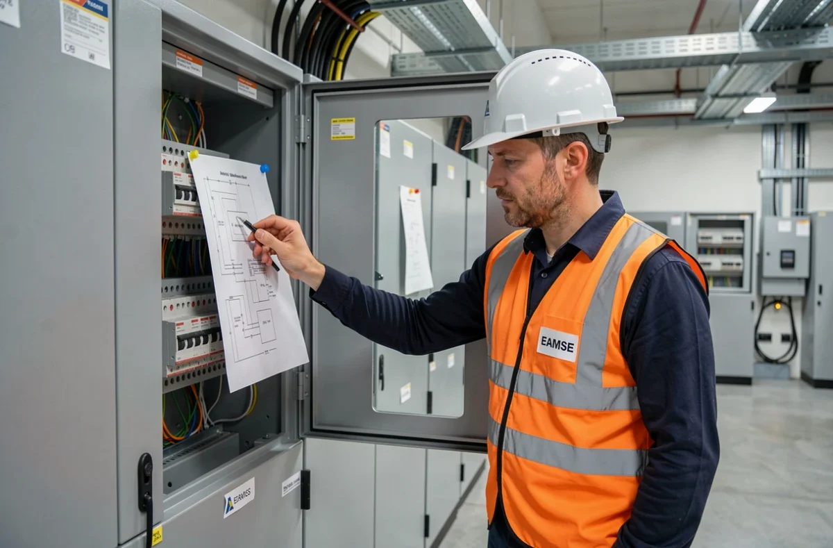 Électricien EAMSE consultant un schéma technique devant une armoire de distribution industrielle