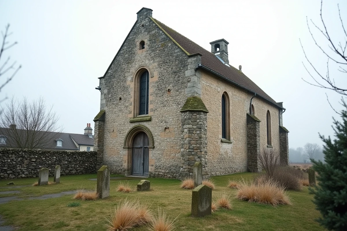 Église romane en pierre de granite à Saint-Goussaud, vieilles pierres et cimetière rural dans la Creuse en France
