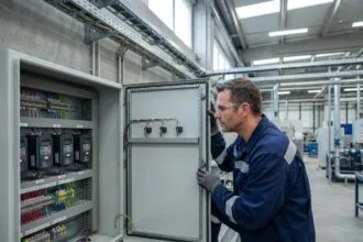 Électricien industriel inspectant un armoire électrique avec des variateurs de fréquence organisés pour faciliter la maintenance