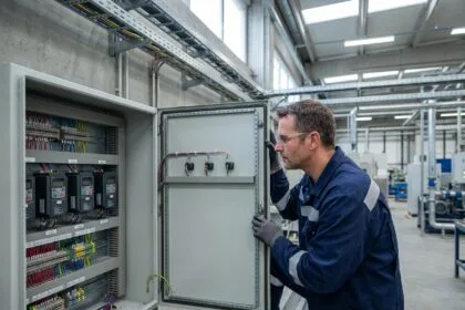 Électricien industriel inspectant un armoire électrique avec des variateurs de fréquence organisés pour faciliter la maintenance