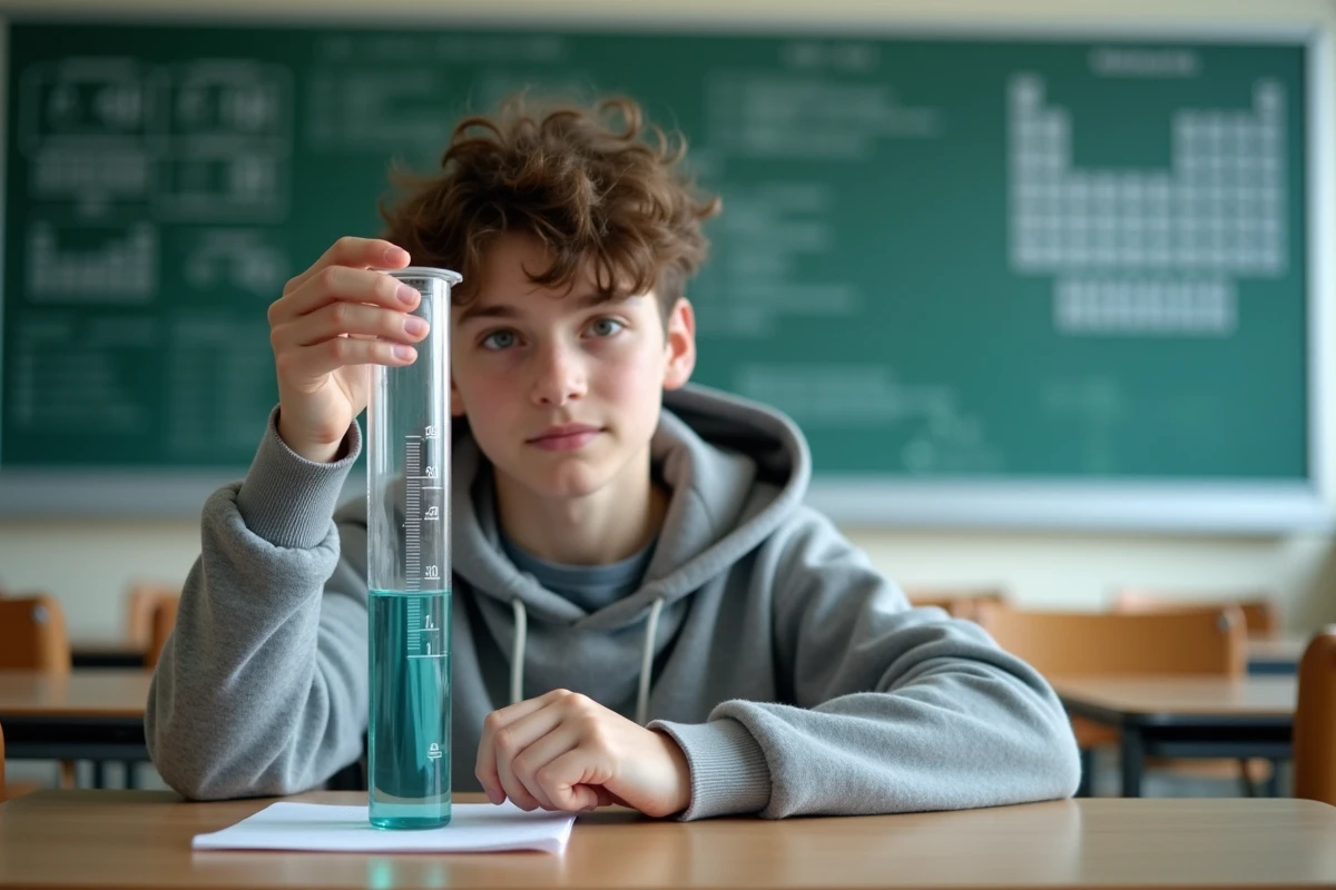 Adolescent en classe de sciences tenant un cylindre gradué transparent rempli à 50 ml d'eau colorée à hauteur des yeux