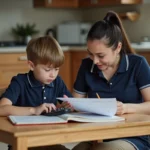 Jeune garçon de 8 ans étudiant avec sa mère dans la cuisine