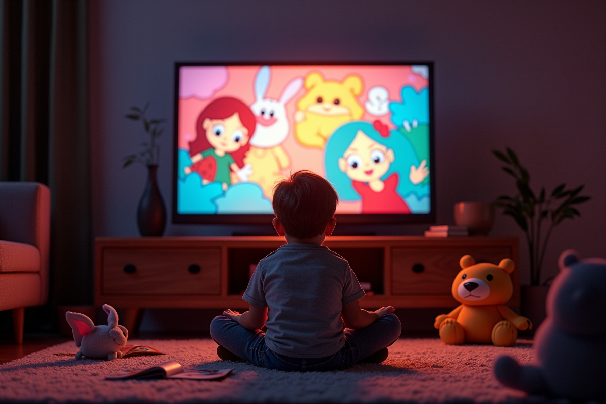 Enfant assis devant une télévision avec dessins animés C